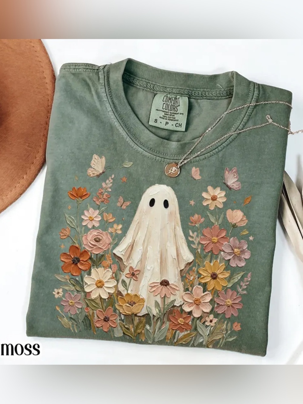 Comfort Colors Moss Green Ghost & Floral Short Sleeve Tee, Gift For Her, For Him